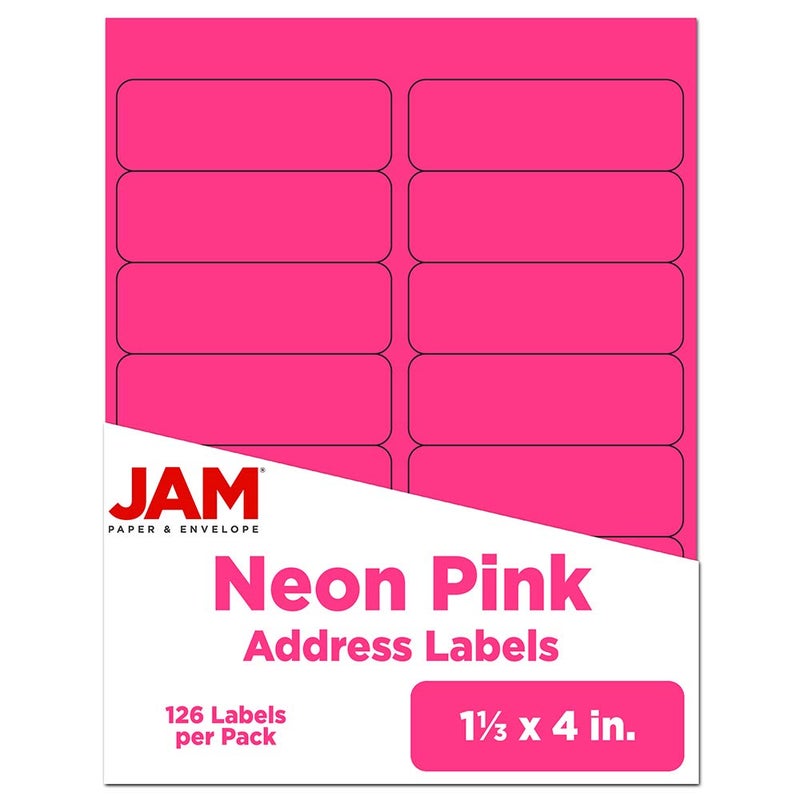 JAM PaperÂ® Address Labels - 1 1/3 x 4 in - Neon Pink - 14 Labels per Sheet, 126 Per Pack - Image 1